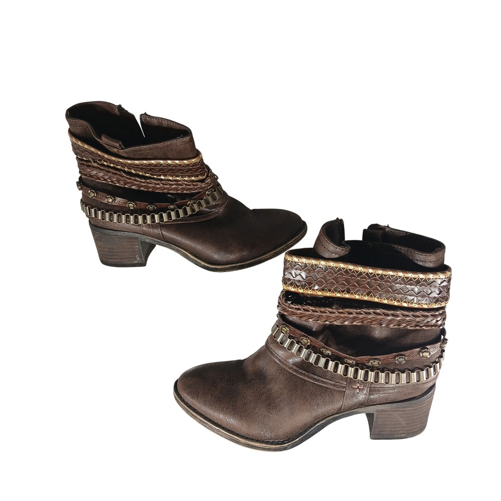 Invito Ankle Boots 8 Brown Boho Western Braided Chain Studded Block Heel Booties
